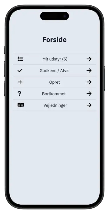 Forsiden i TrackTool-appen med mit udstyr, godkend eller afvis, opret, bortkommet og vejledninger